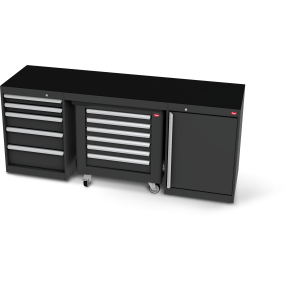 Workbench set 5+6 drawers, 1-door, 1 tool trolley | RAL 9005 | 2100 x 600 x 900 mm