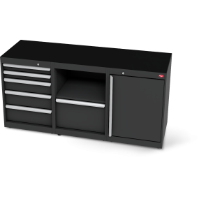 Workbench set 5 drawers, 1-door, 1 waste bin cabinet | RAL 9005 | 1800 x 600 x 900 mm